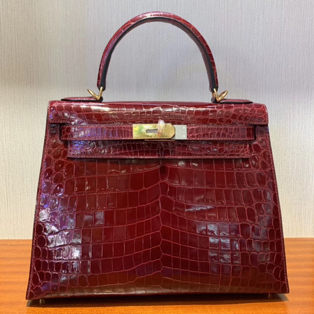 Hermes Kelly Bag 28cm F5勃艮第酒紅 Bourgogne 亮面兩點 尼羅鱷