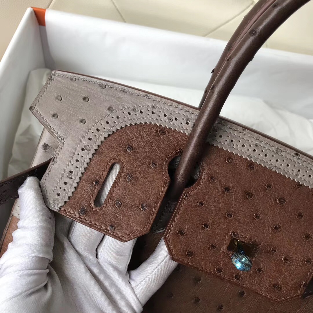 Singapore Hermes Birkin 30cm Ghillise鴕鳥蕾絲三拼色 土黃色/巧克力/大象灰