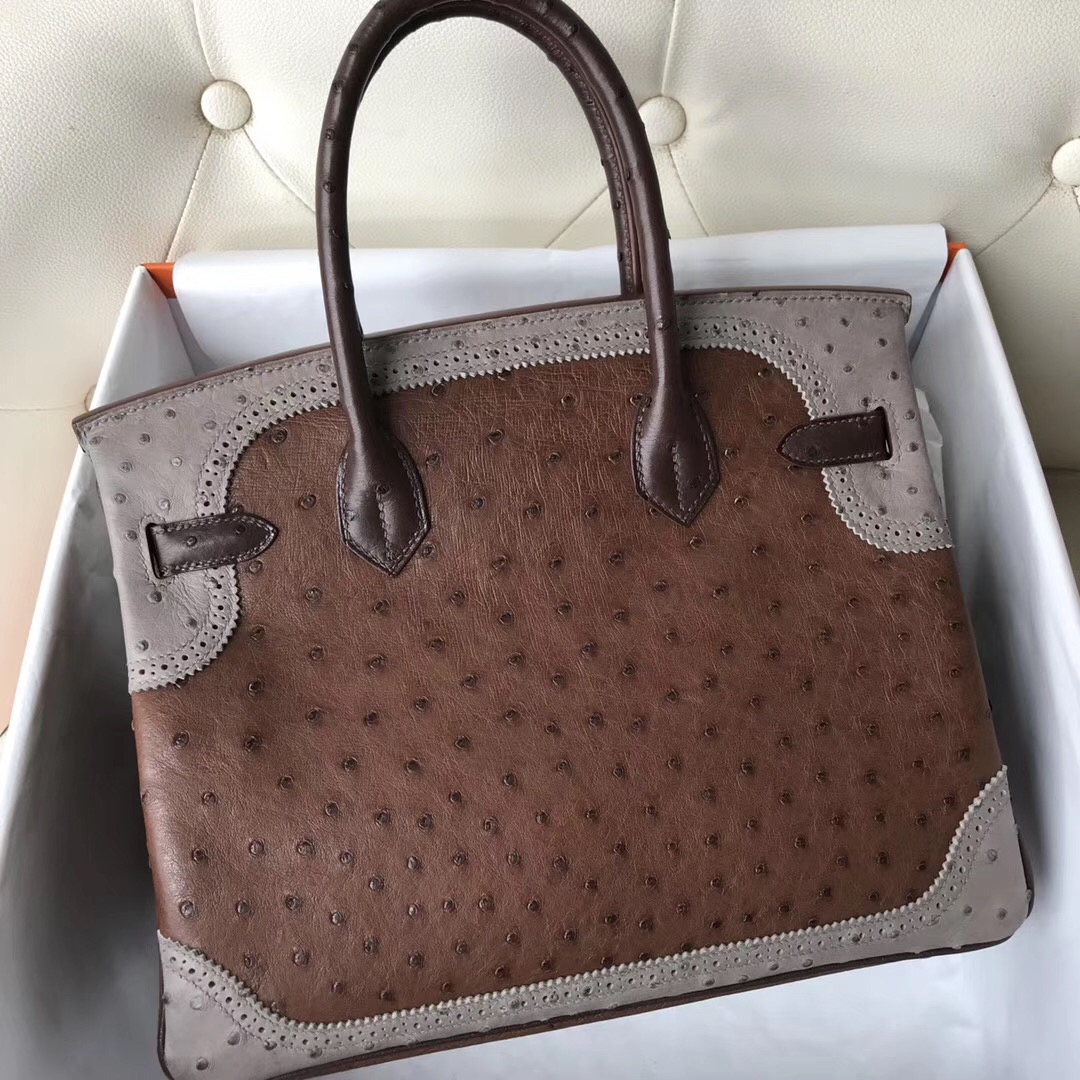 Singapore Hermes Birkin 30cm Ghillise鴕鳥蕾絲三拼色 土黃色/巧克力/大象灰