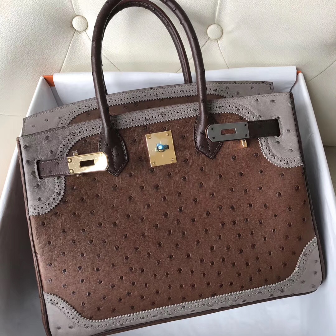 Singapore Hermes Birkin 30cm Ghillise鴕鳥蕾絲三拼色 土黃色/巧克力/大象灰