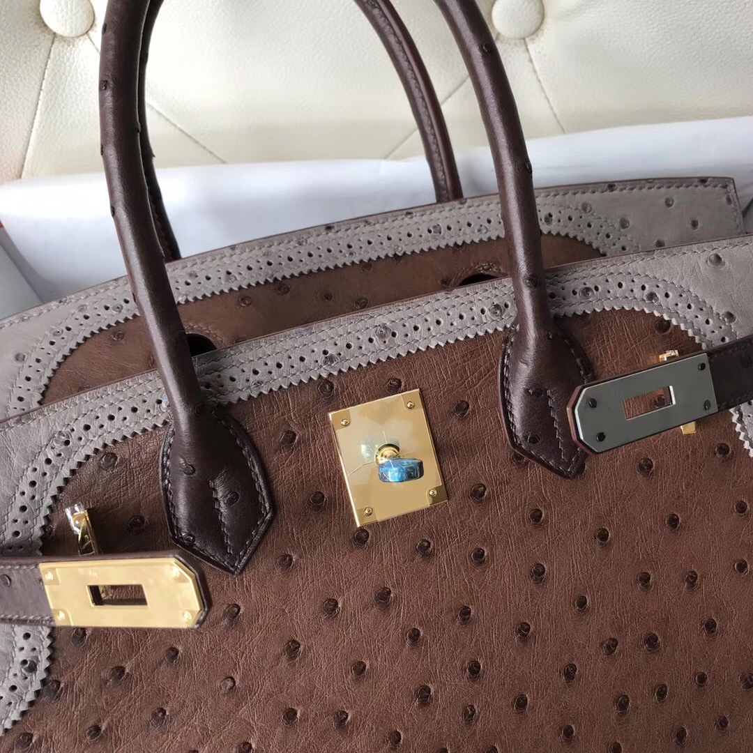 Singapore Hermes Birkin 30cm Ghillise鴕鳥蕾絲三拼色 土黃色/巧克力/大象灰