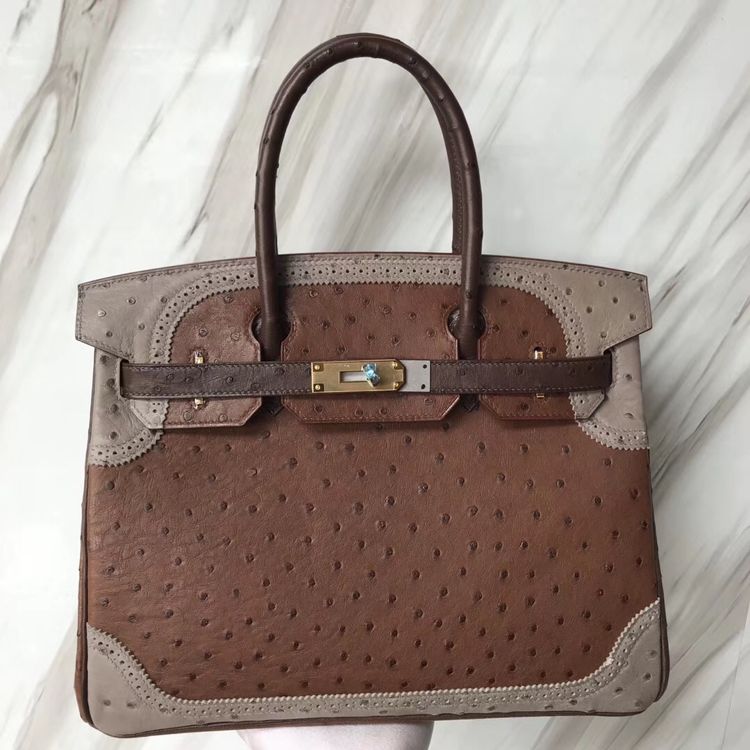 Singapore Hermes Birkin 30cm Ghillise鴕鳥蕾絲三拼色 土黃色/巧克力/大象灰