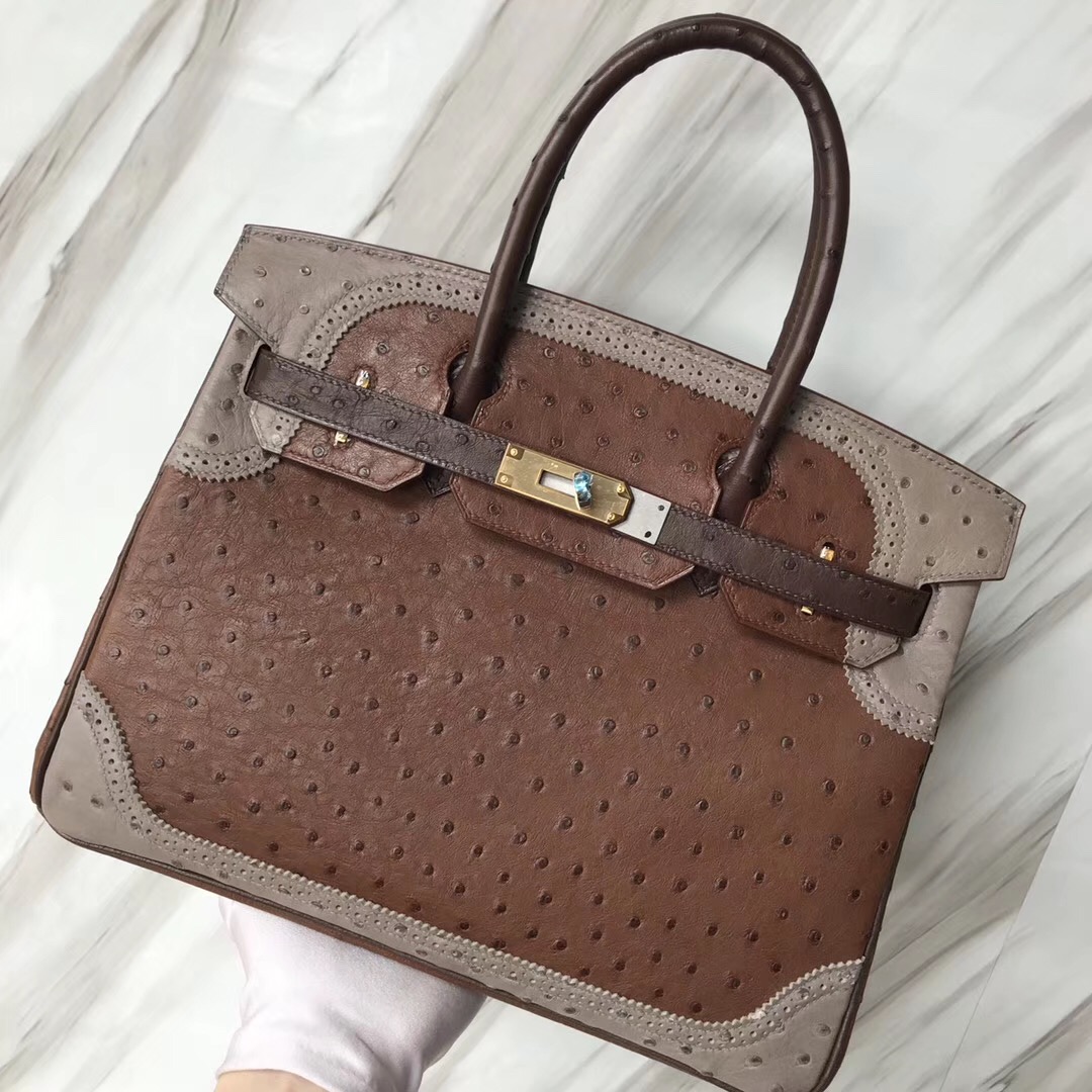 Singapore Hermes Birkin 30cm Ghillise鴕鳥蕾絲三拼色 土黃色/巧克力/大象灰