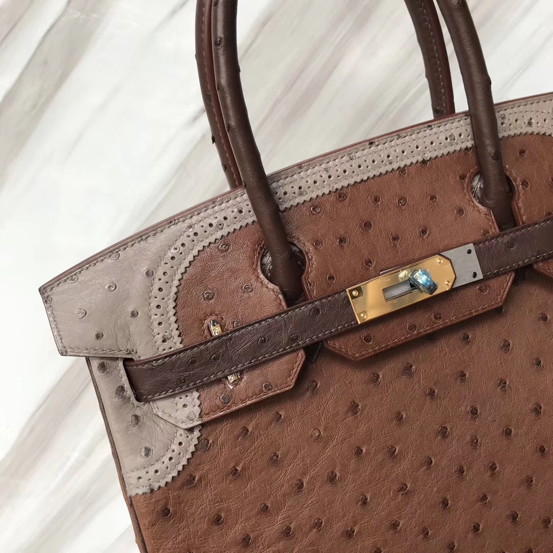 Singapore Hermes Birkin 30cm Ghillise鴕鳥蕾絲三拼色 土黃色/巧克力/大象灰