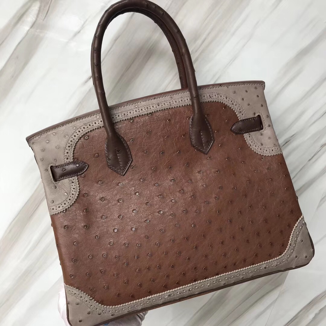 Singapore Hermes Birkin 30cm Ghillise鴕鳥蕾絲三拼色 土黃色/巧克力/大象灰