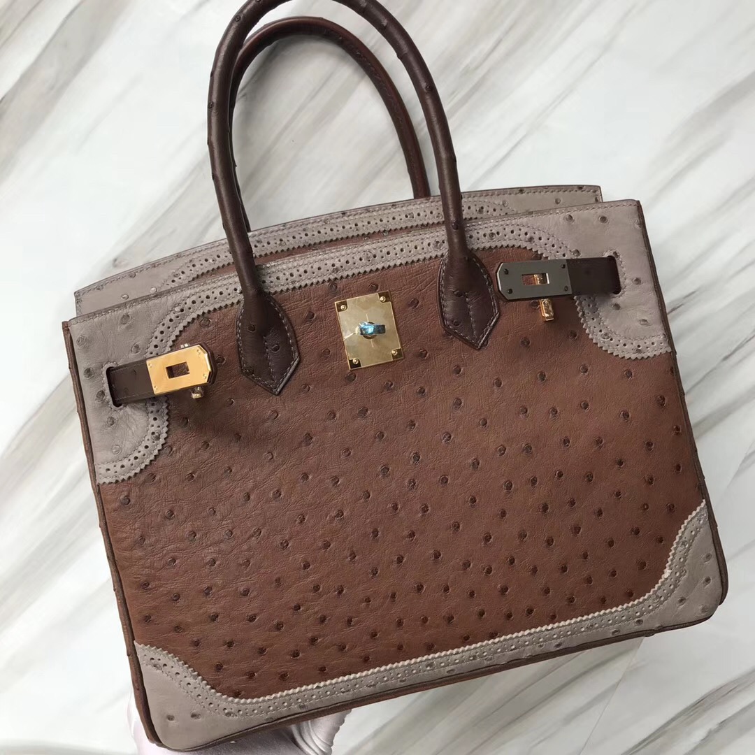 Singapore Hermes Birkin 30cm Ghillise鴕鳥蕾絲三拼色 土黃色/巧克力/大象灰