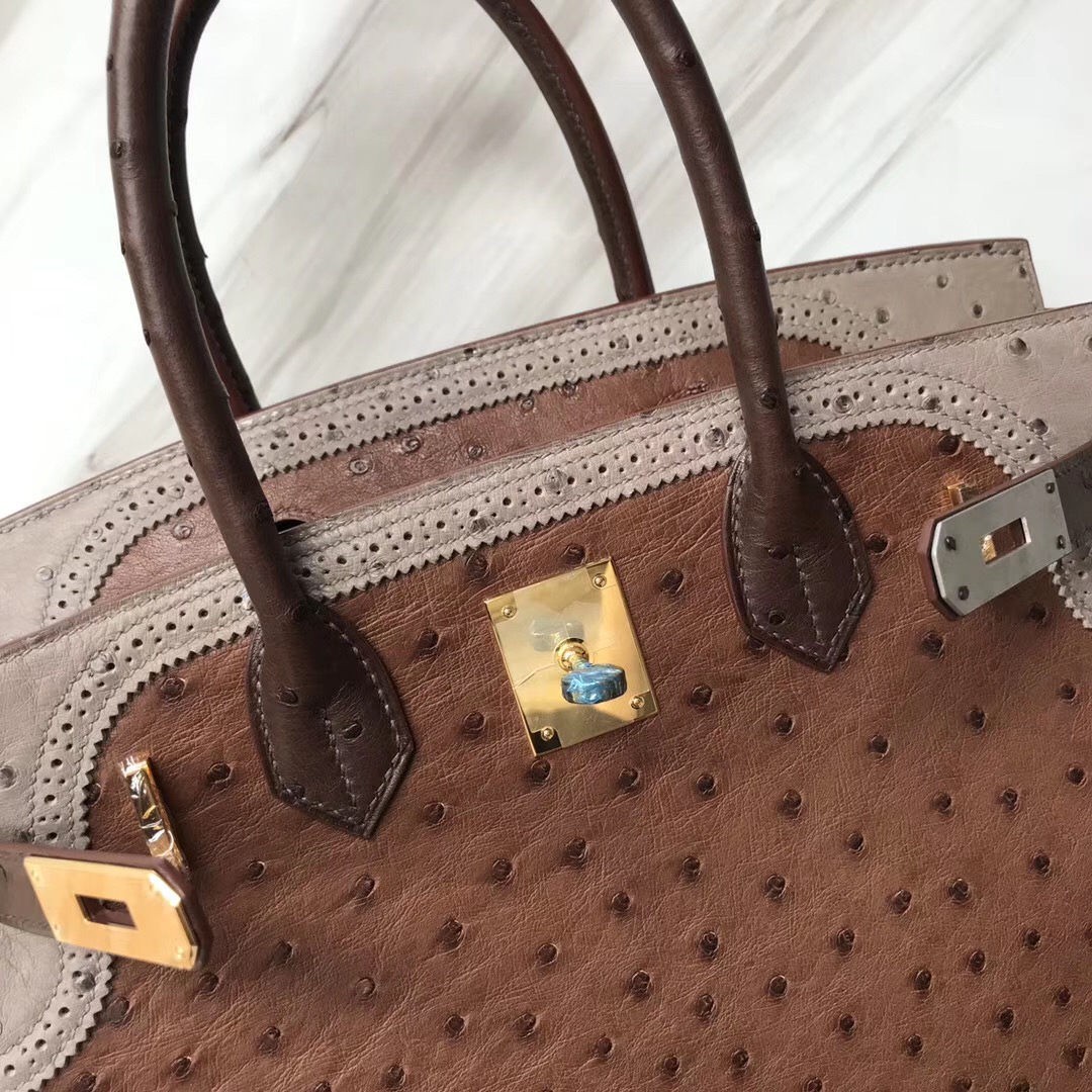 Singapore Hermes Birkin 30cm Ghillise鴕鳥蕾絲三拼色 土黃色/巧克力/大象灰