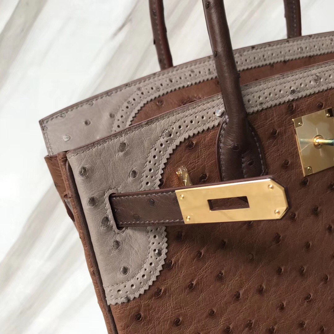 Singapore Hermes Birkin 30cm Ghillise鴕鳥蕾絲三拼色 土黃色/巧克力/大象灰