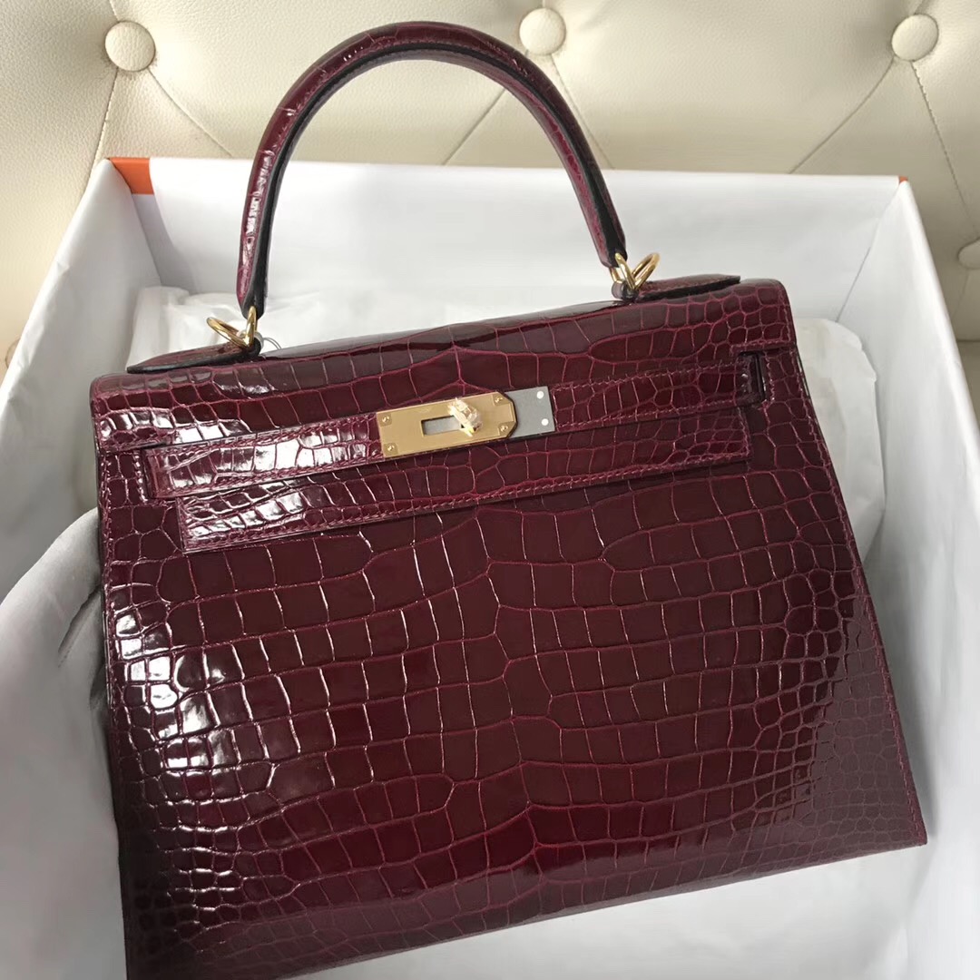 香港新加坡臺灣凱莉包 Hermes Kelly 28 CK57波爾多酒紅Bordeaux 倒V野生灣鱷