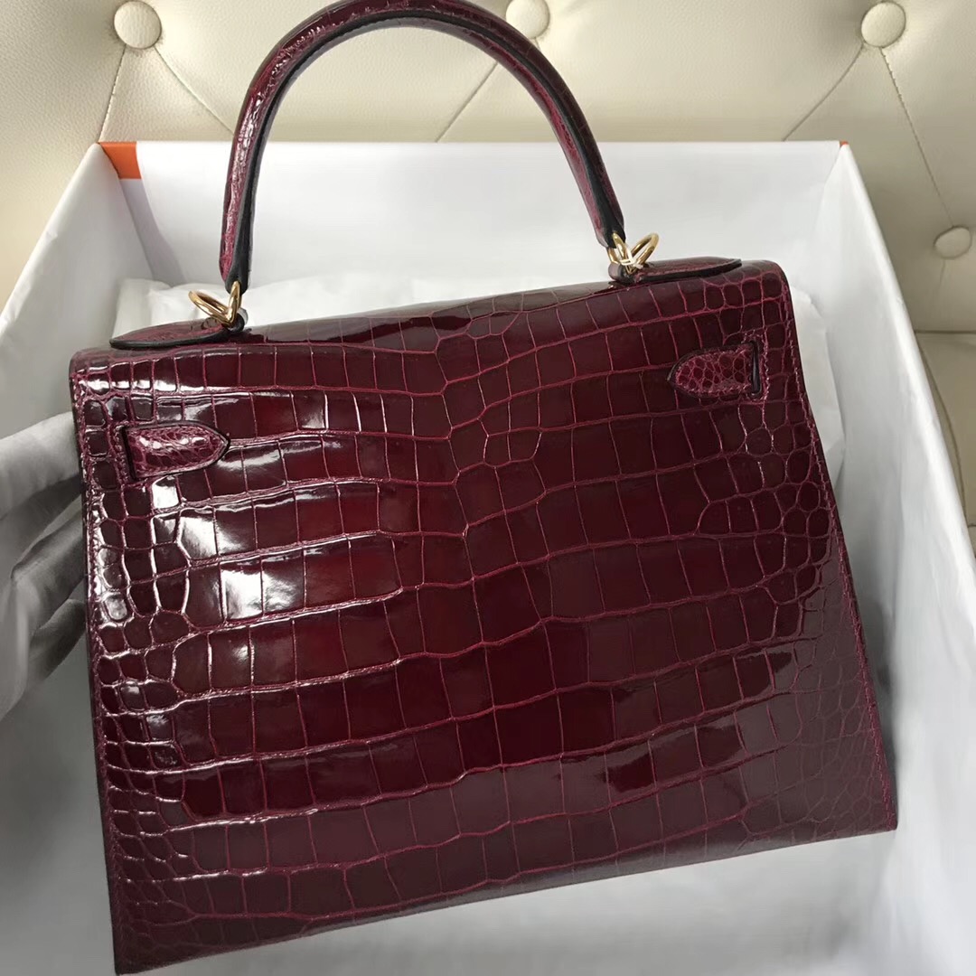 香港新加坡臺灣凱莉包 Hermes Kelly 28 CK57波爾多酒紅Bordeaux 倒V野生灣鱷