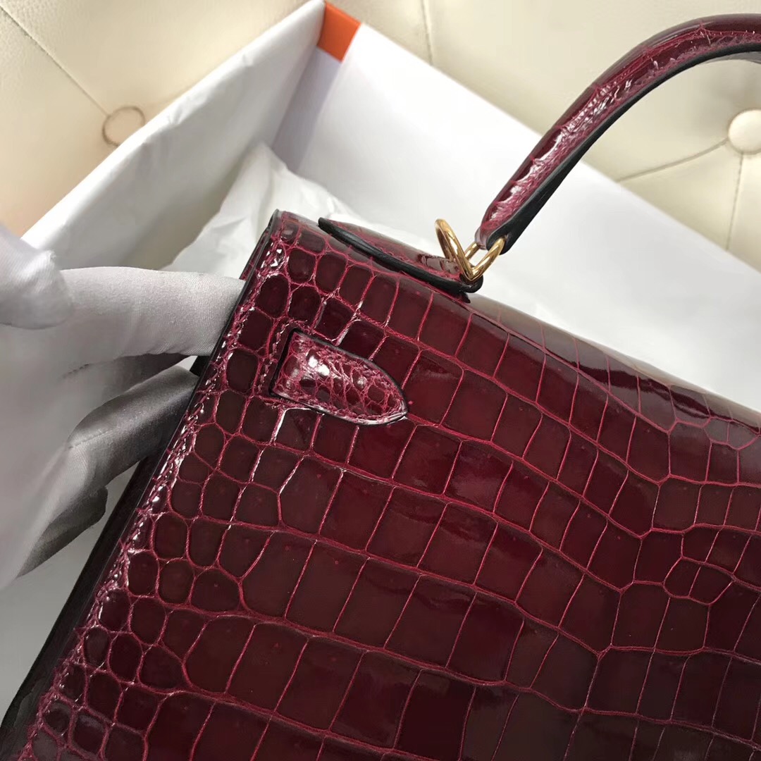 香港新加坡臺灣凱莉包 Hermes Kelly 28 CK57波爾多酒紅Bordeaux 倒V野生灣鱷