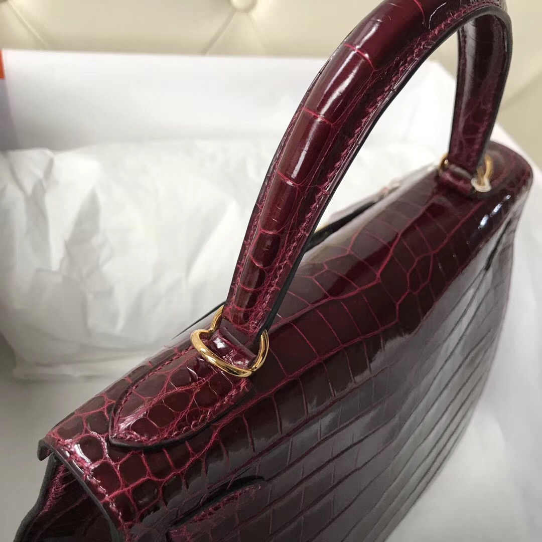 香港新加坡臺灣凱莉包 Hermes Kelly 28 CK57波爾多酒紅Bordeaux 倒V野生灣鱷