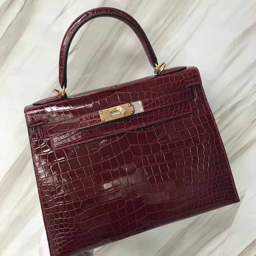 香港新加坡臺灣凱莉包 Hermes Kelly 28 CK57波爾多酒紅Bordeaux 倒V野生灣鱷