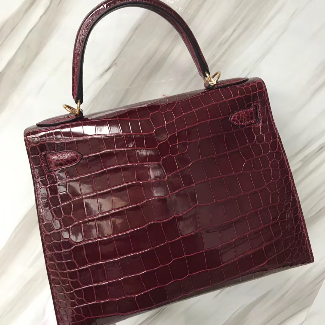 香港新加坡臺灣凱莉包 Hermes Kelly 28 CK57波爾多酒紅Bordeaux 倒V野生灣鱷