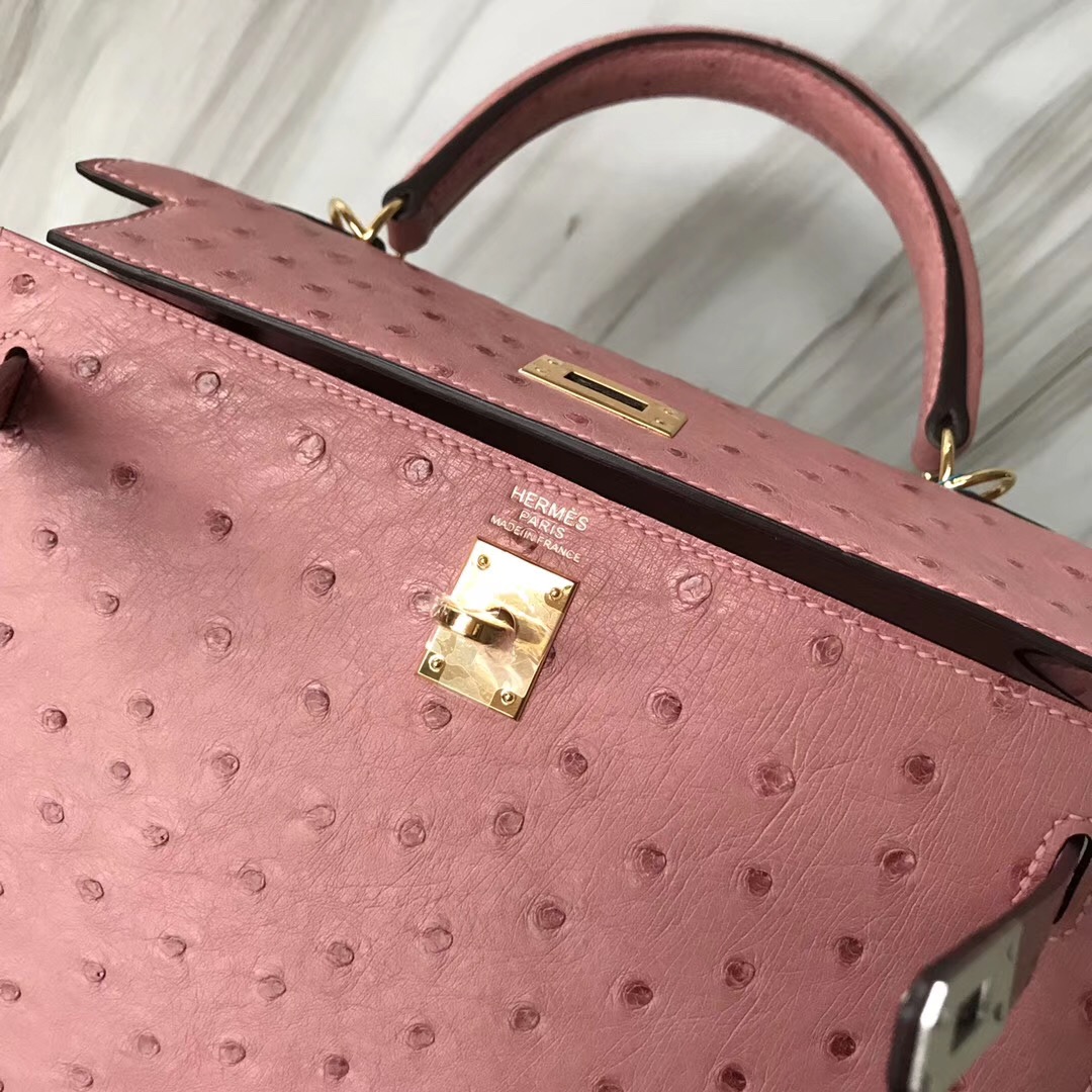 臺灣臺北市愛馬仕凱莉包官網 Hermes Kelly 28cm CC94陶瓷粉 Terre Cuite鴕鳥皮