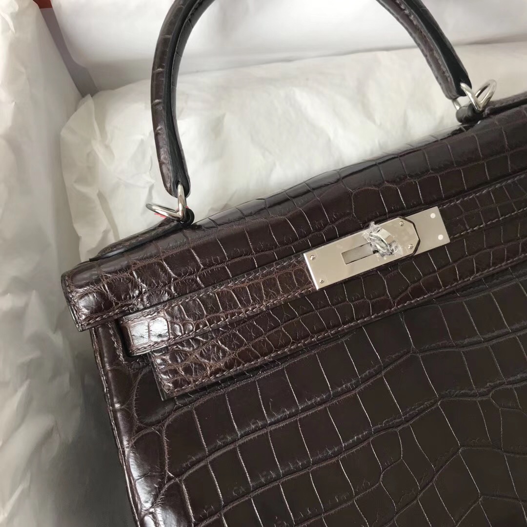 臺灣臺中愛馬仕凱莉包 Hermes Kelly 28cm CK47巧克力色 霧面尼羅鱷魚