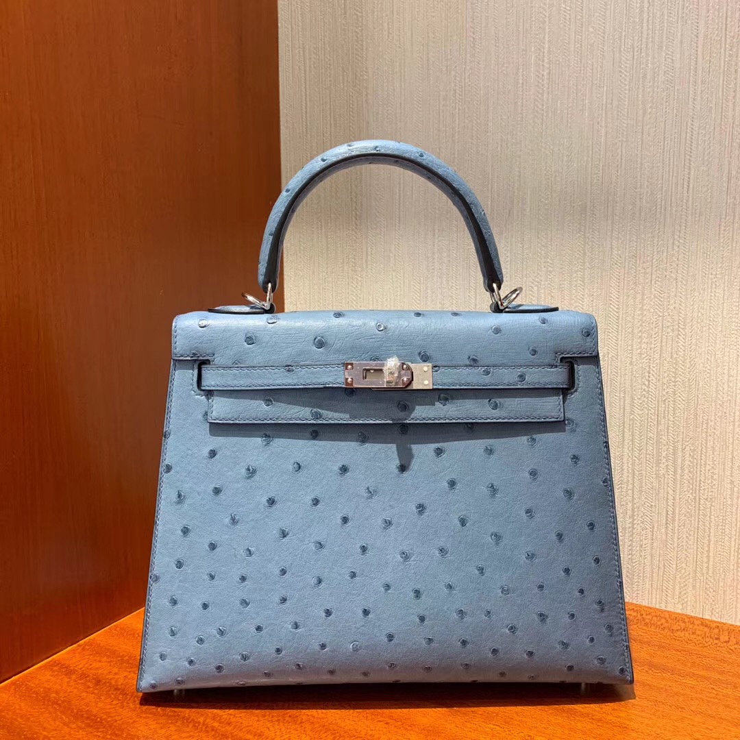 澳門愛馬仕凱莉包專賣店 Hermes Kelly 25 Ostrich 8U冰川藍 Blue Glacierw