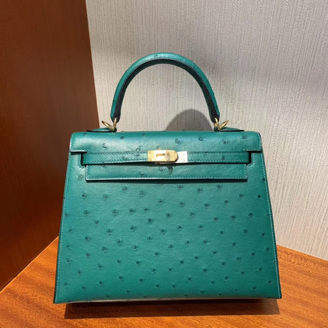 愛馬仕凱莉包永利皇宮專賣店 Hermes Kelly 25cm Ostrich U4 vert vertigo 絲絨綠