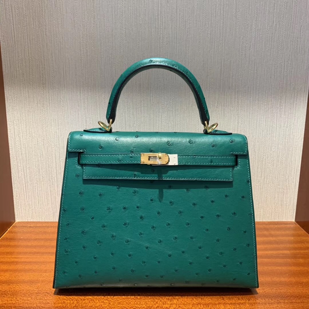 愛馬仕凱莉包永利皇宮專賣店 Hermes Kelly 25cm Ostrich U4 vert vertigo 絲絨綠