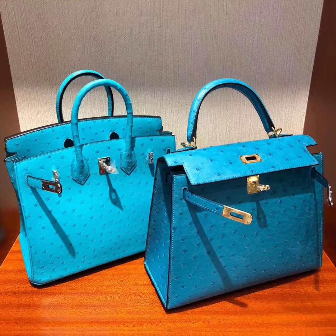 愛馬仕臺灣臺北專賣店 Hermes Kelly 25cm 7W Blue izmir 伊茲密爾藍南非鴕鳥皮