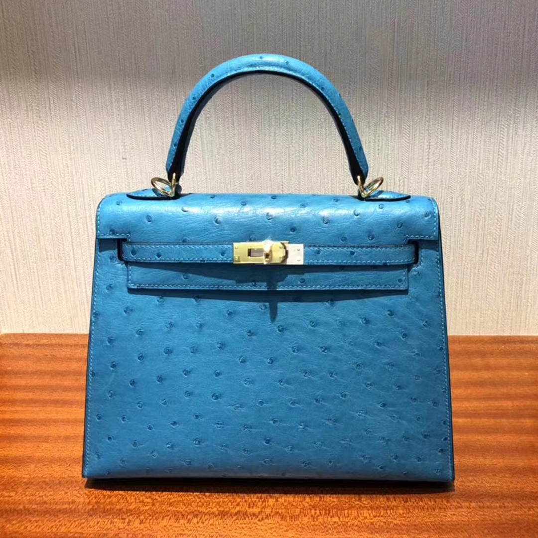 愛馬仕臺灣臺北專賣店 Hermes Kelly 25cm 7W Blue izmir 伊茲密爾藍南非鴕鳥皮