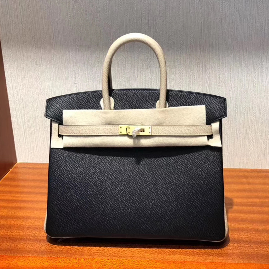 Hermes HSS Birkin 25CM Epsom牛皮CK89黑色/S2風衣灰Trench 拉絲金扣