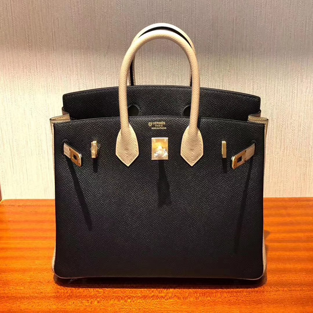 Hermes HSS Birkin 25CM Epsom牛皮CK89黑色/S2風衣灰Trench 拉絲金扣