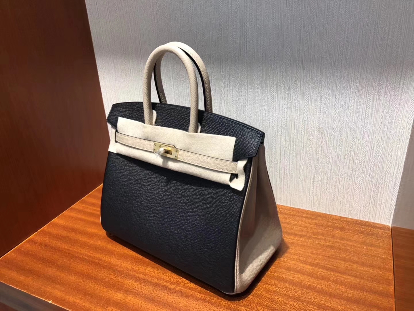 Hermes HSS Birkin 25CM Epsom牛皮CK89黑色/S2風衣灰Trench 拉絲金扣