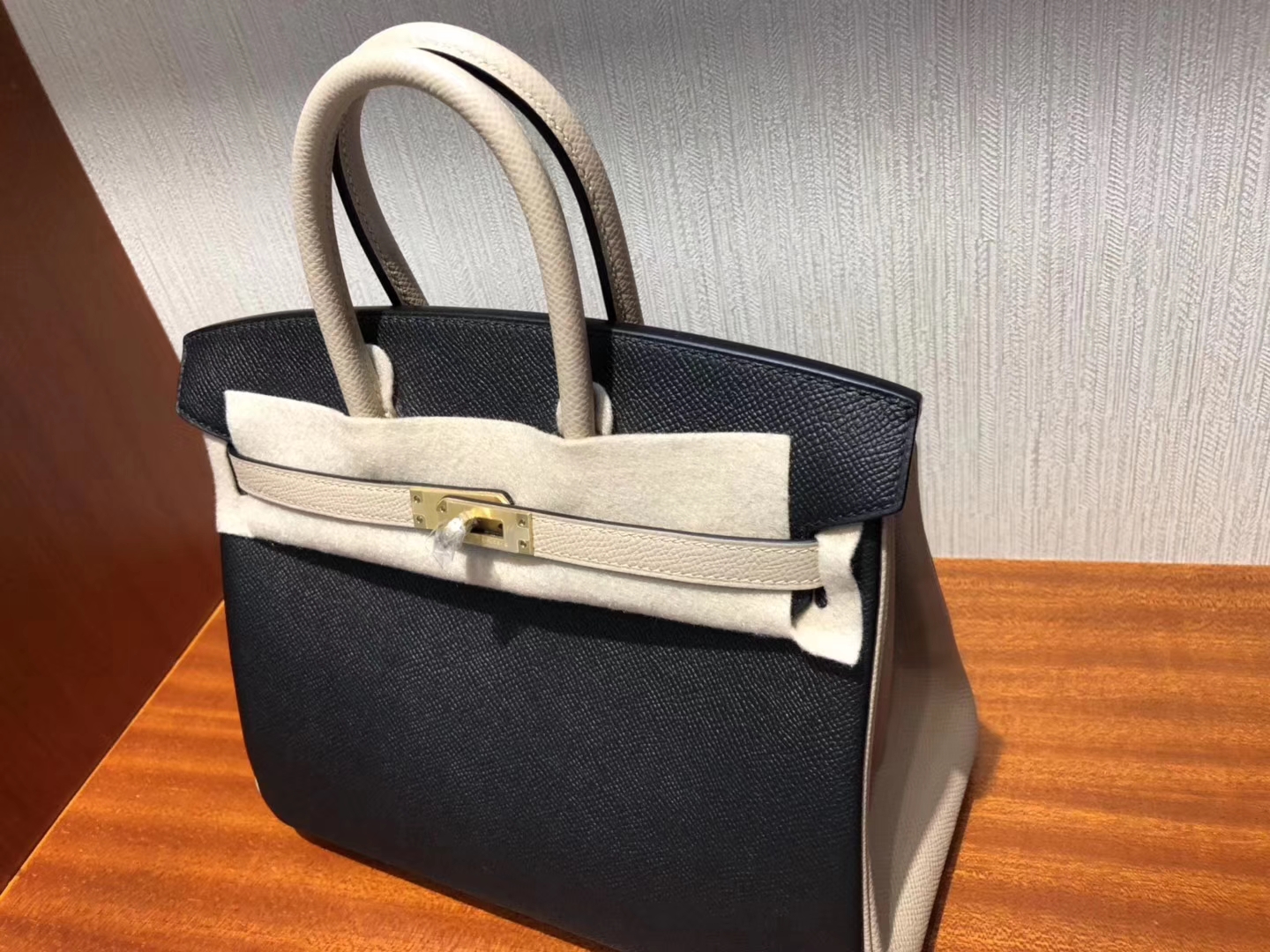 Hermes HSS Birkin 25CM Epsom牛皮CK89黑色/S2風衣灰Trench 拉絲金扣