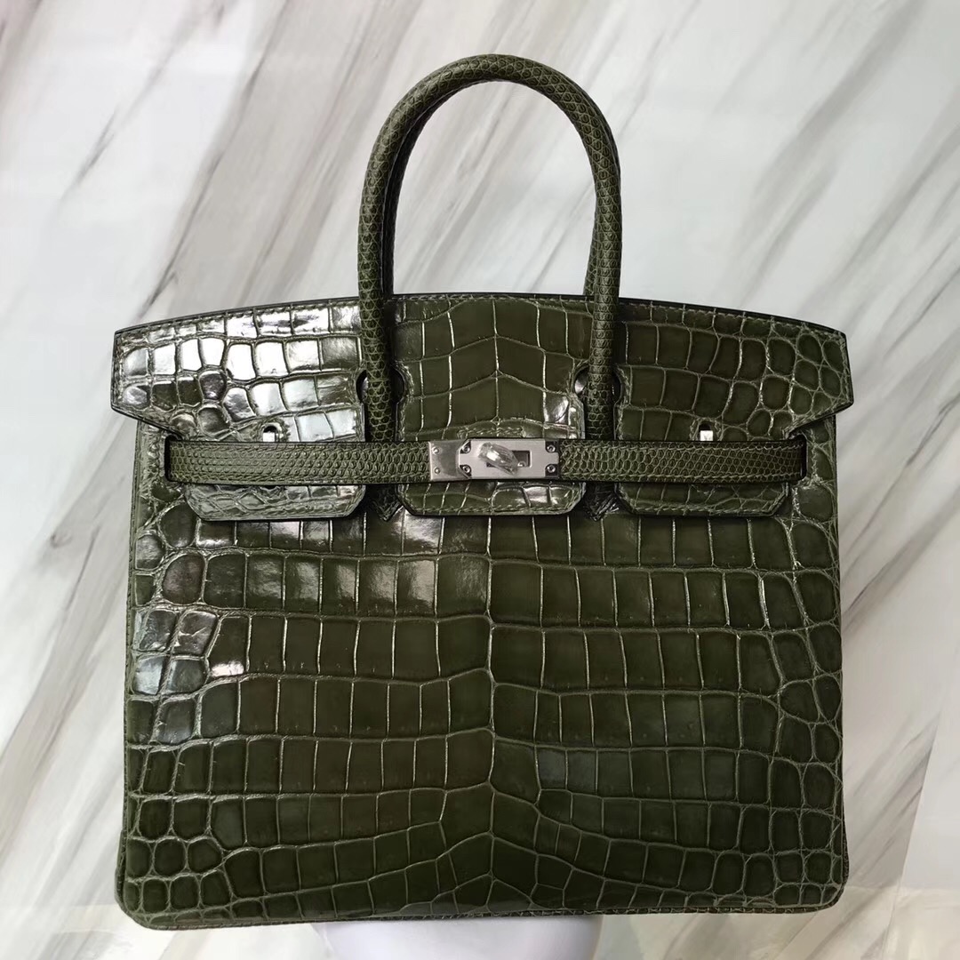 Hermes HSS Birkin 25cm 6H 橄欖綠 Vert Veronese 亮面尼羅鱷拼蜥蜴皮