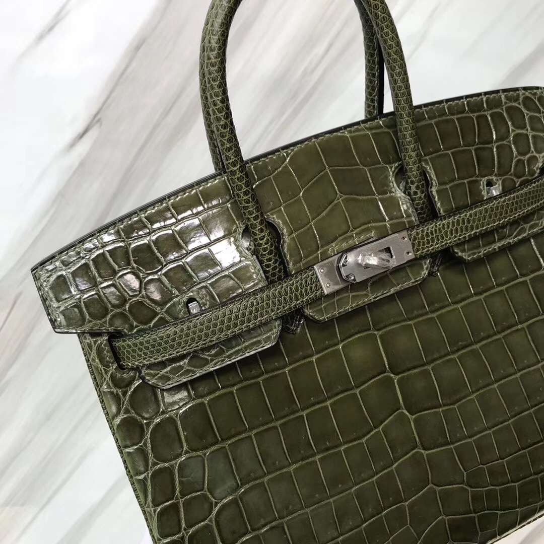 Hermes HSS Birkin 25cm 6H 橄欖綠 Vert Veronese 亮面尼羅鱷拼蜥蜴皮