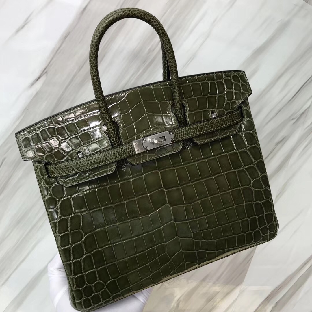 Hermes HSS Birkin 25cm 6H 橄欖綠 Vert Veronese 亮面尼羅鱷拼蜥蜴皮