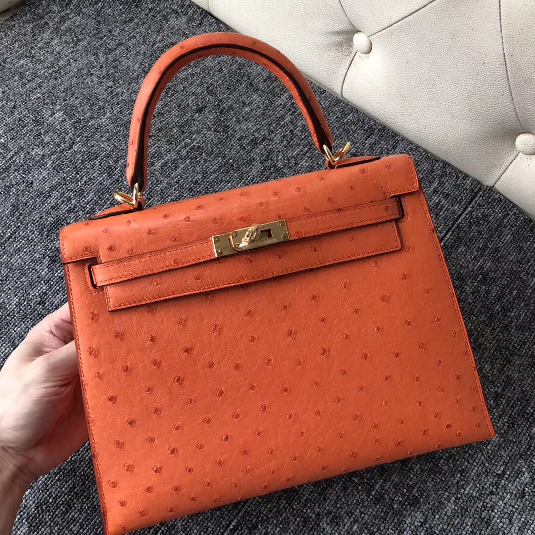 美國愛馬仕包包定制服務 USA Hermes Kelly 25cm CK93 Orange Ostrich