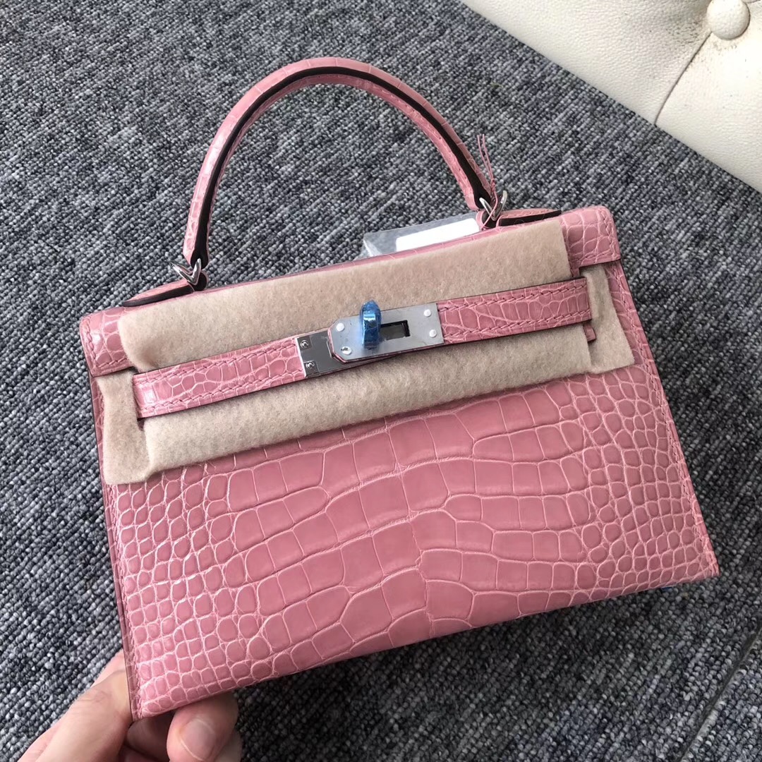 USA Hermes Kelly mini2代 19cm 1Q奶昔粉 Rose Confetti 亮面方塊 美洲鱷