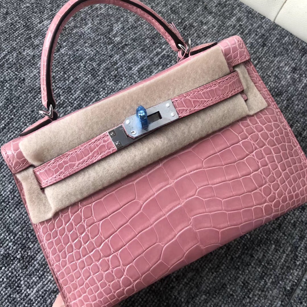 USA Hermes Kelly mini2代 19cm 1Q奶昔粉 Rose Confetti 亮面方塊 美洲鱷