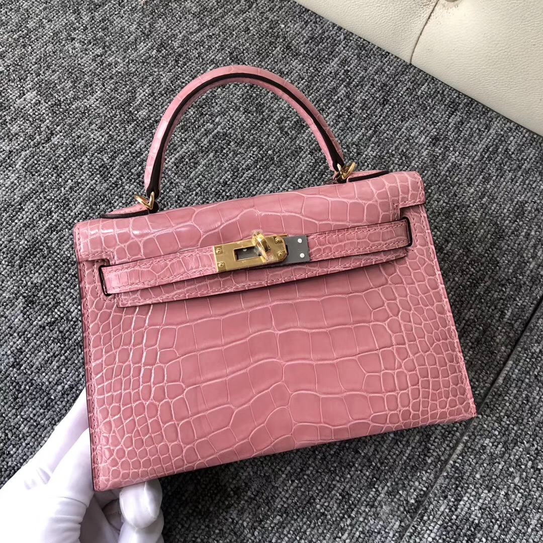 Australia Hermes kelly mini2代 亮面方塊 美洲鱷 1Q奶昔粉 Rose Confetti