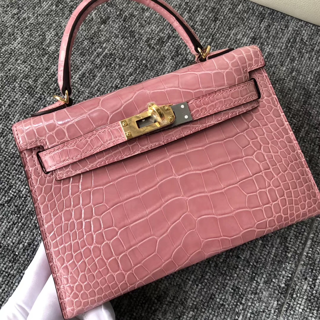 Australia Hermes kelly mini2代 亮面方塊 美洲鱷 1Q奶昔粉 Rose Confetti