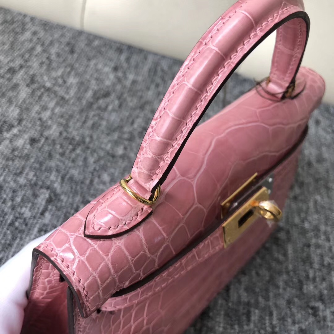 Australia Hermes kelly mini2代 亮面方塊 美洲鱷 1Q奶昔粉 Rose Confetti