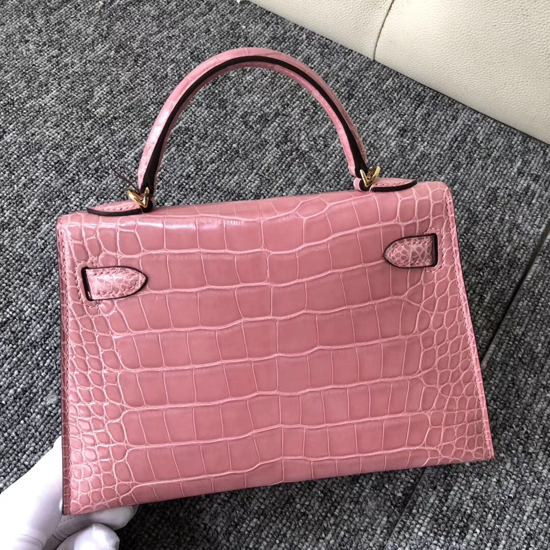 Australia Hermes kelly mini2代 亮面方塊 美洲鱷 1Q奶昔粉 Rose Confetti