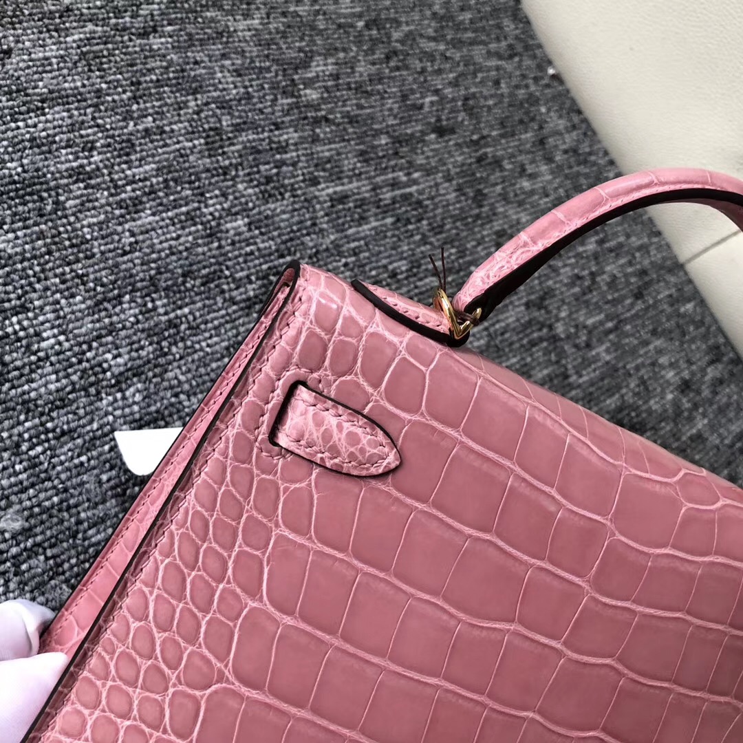 Australia Hermes kelly mini2代 亮面方塊 美洲鱷 1Q奶昔粉 Rose Confetti