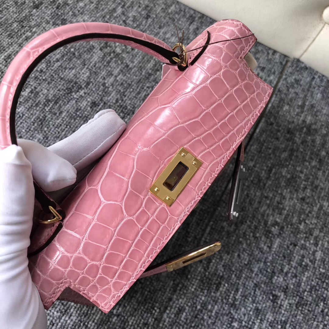 Australia Hermes kelly mini2代 亮面方塊 美洲鱷 1Q奶昔粉 Rose Confetti