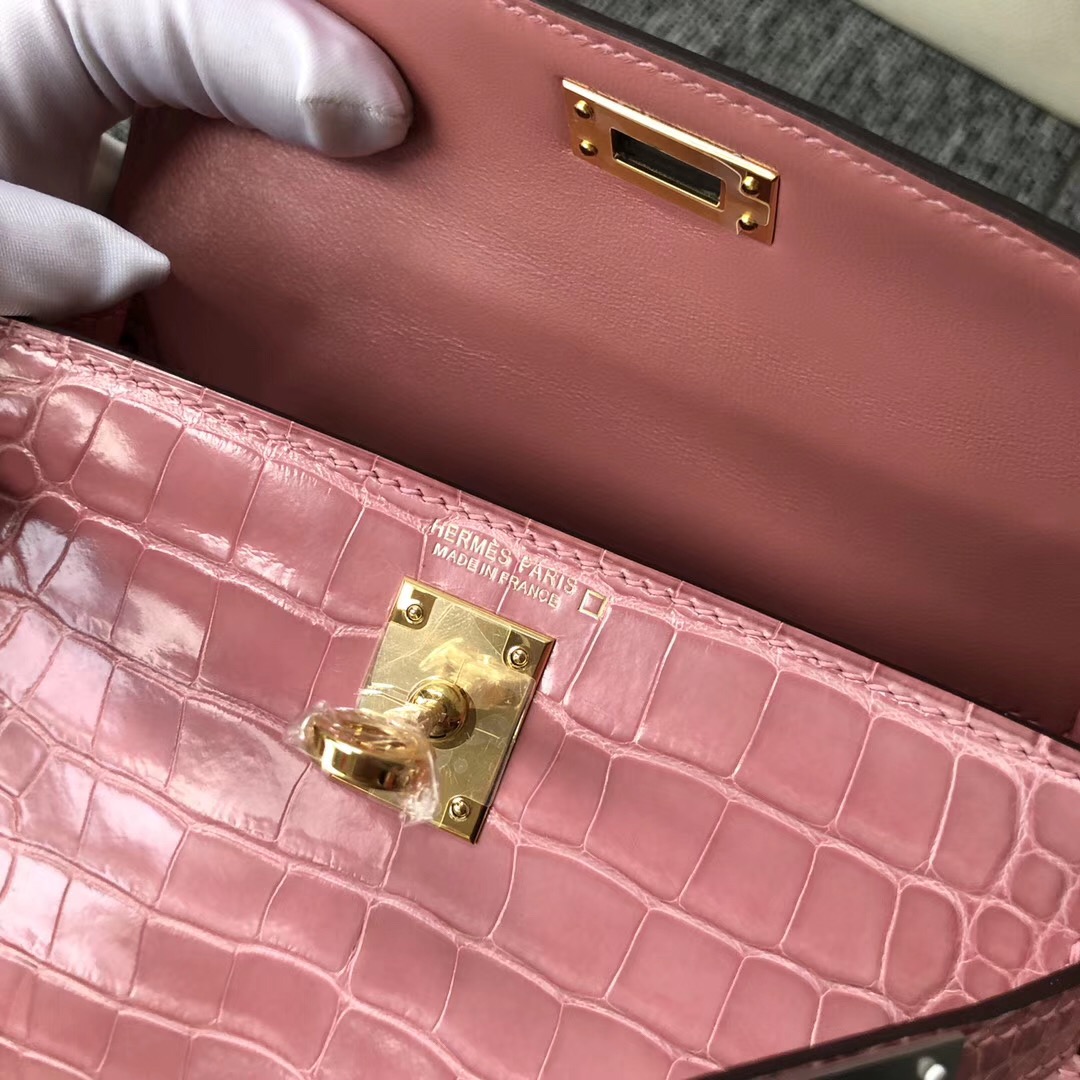 Australia Hermes kelly mini2代 亮面方塊 美洲鱷 1Q奶昔粉 Rose Confetti