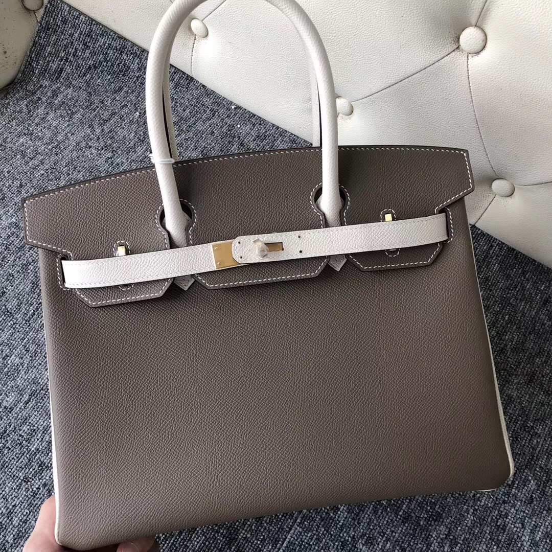 Macao Hermes HSS Birkin 30cm Epsom M8瀝青灰/CK10奶昔白 拉絲金扣