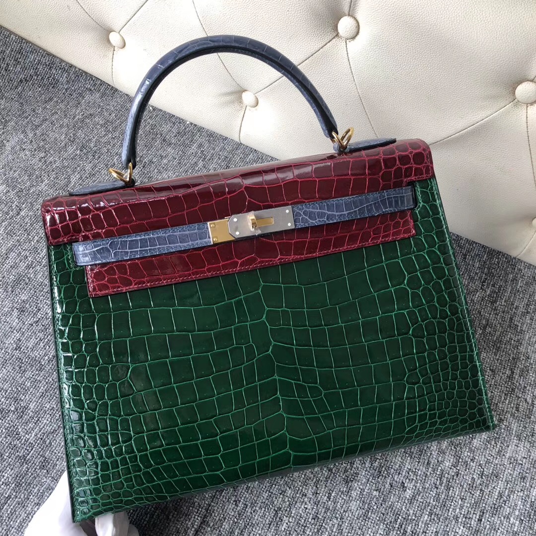 Hermes Kelly 32cm HSS Crocodile 三拼色灣鱷 CK67祖母綠/F5勃艮第酒紅 /CK75 牛仔藍