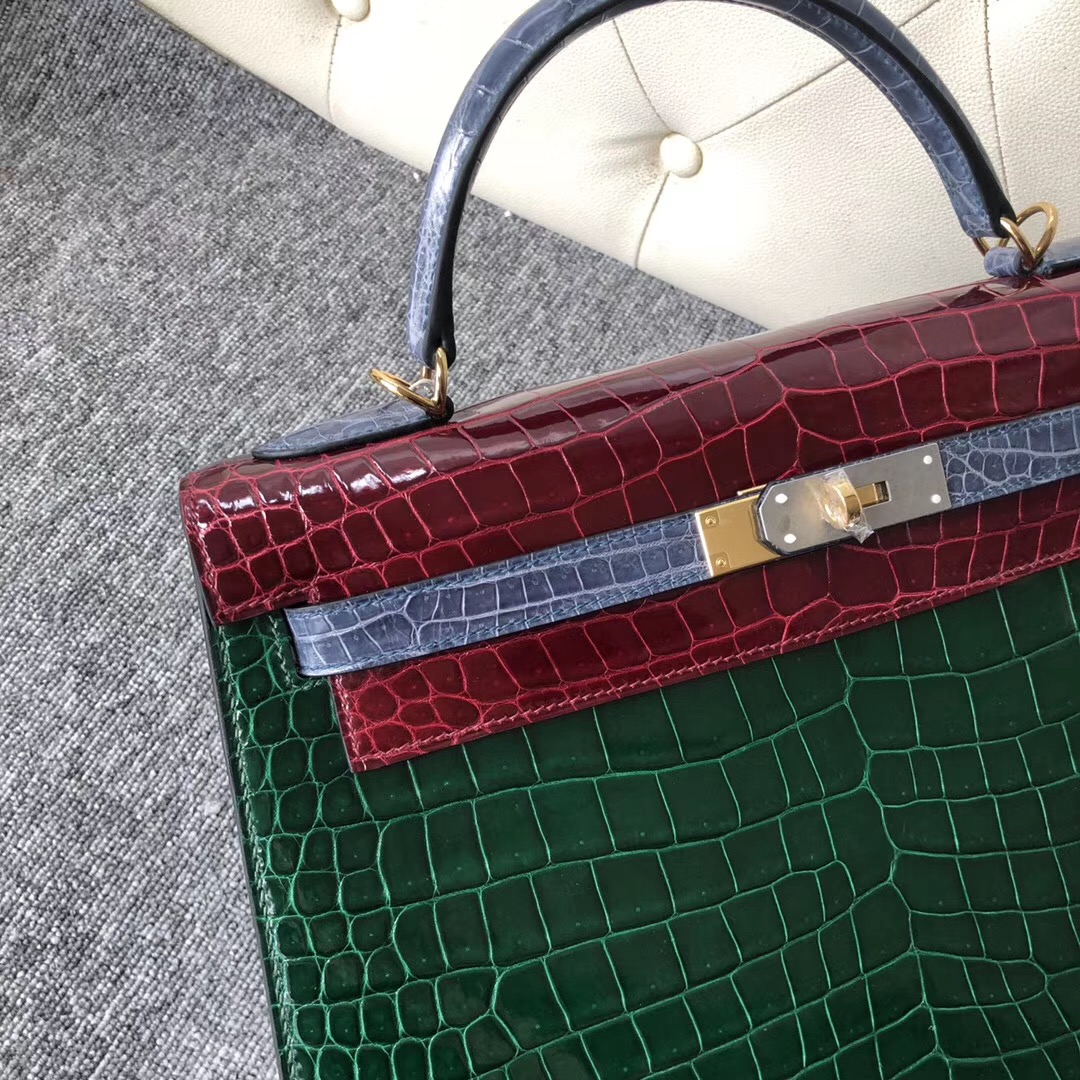 Hermes Kelly 32cm HSS Crocodile 三拼色灣鱷 CK67祖母綠/F5勃艮第酒紅 /CK75 牛仔藍