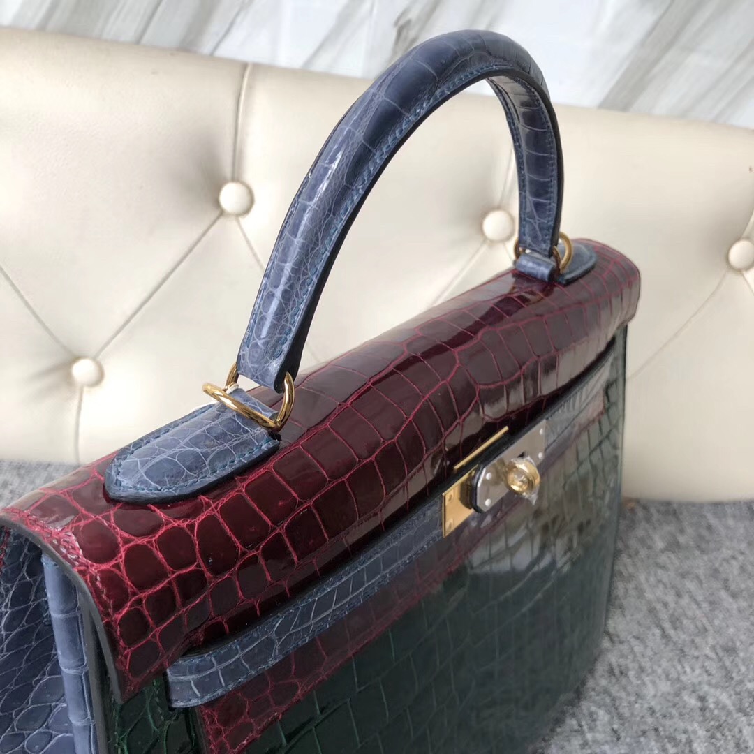 Hermes Kelly 32cm HSS Crocodile 三拼色灣鱷 CK67祖母綠/F5勃艮第酒紅 /CK75 牛仔藍