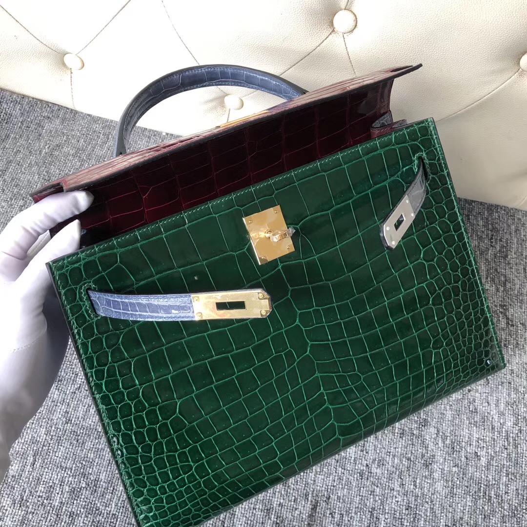 Hermes Kelly 32cm HSS Crocodile 三拼色灣鱷 CK67祖母綠/F5勃艮第酒紅 /CK75 牛仔藍