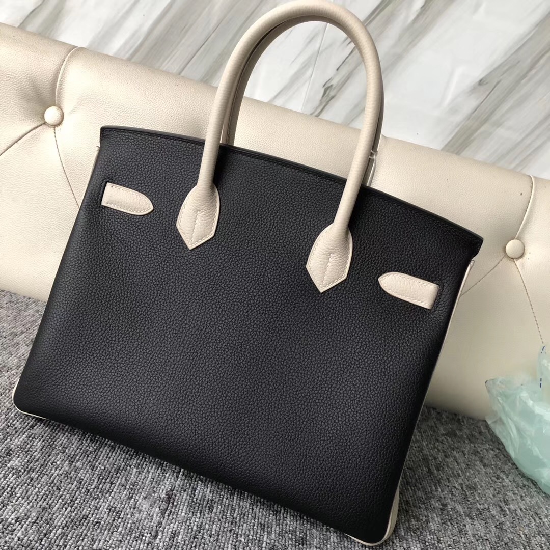 Hermes Birkin 30cm Togo CK89黑色/CK10奶昔白 Craie 拉絲金扣