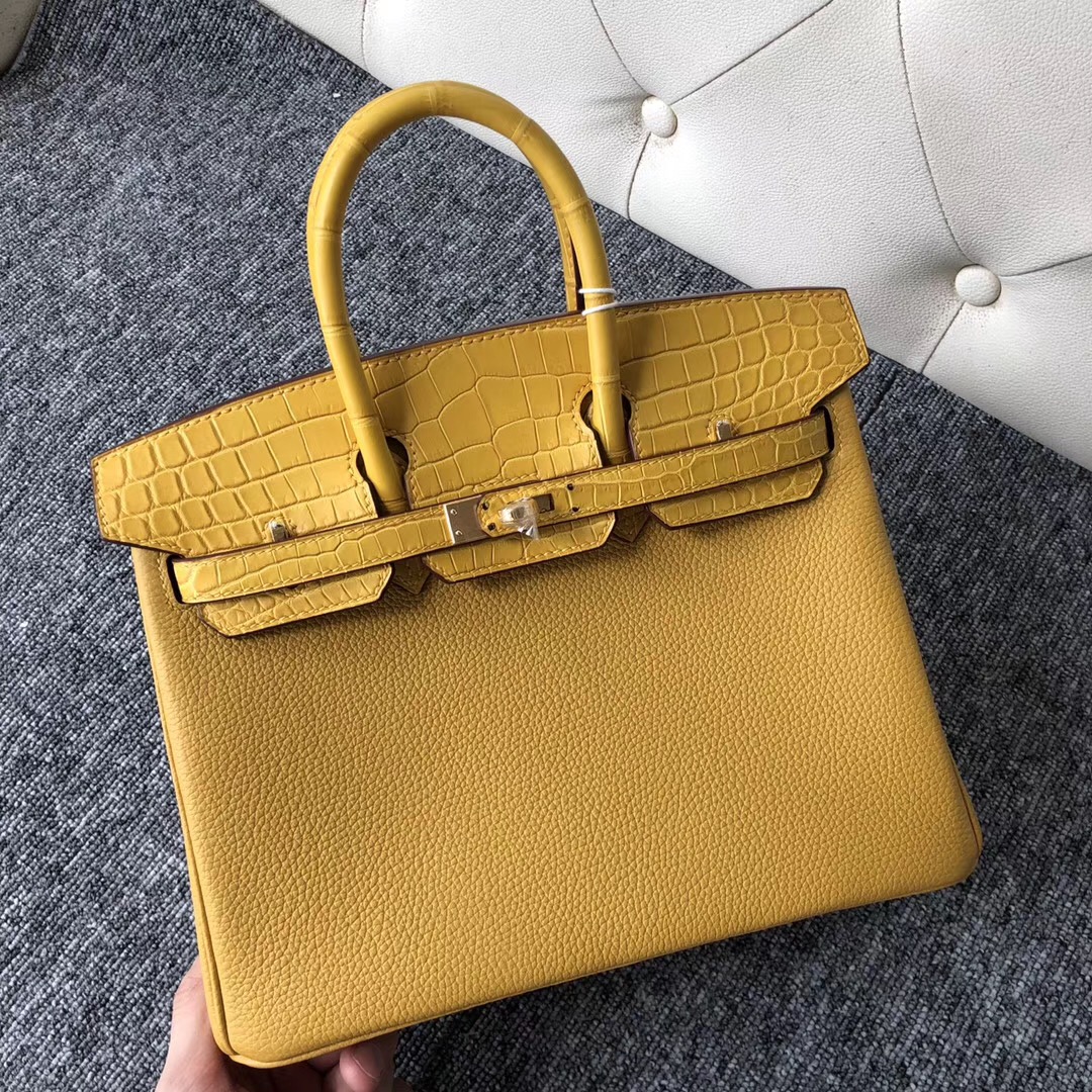 Hermes Birkin 25cm Touch 9D Jaune Amber 琥珀黃 Togo拼霧面美洲鱷