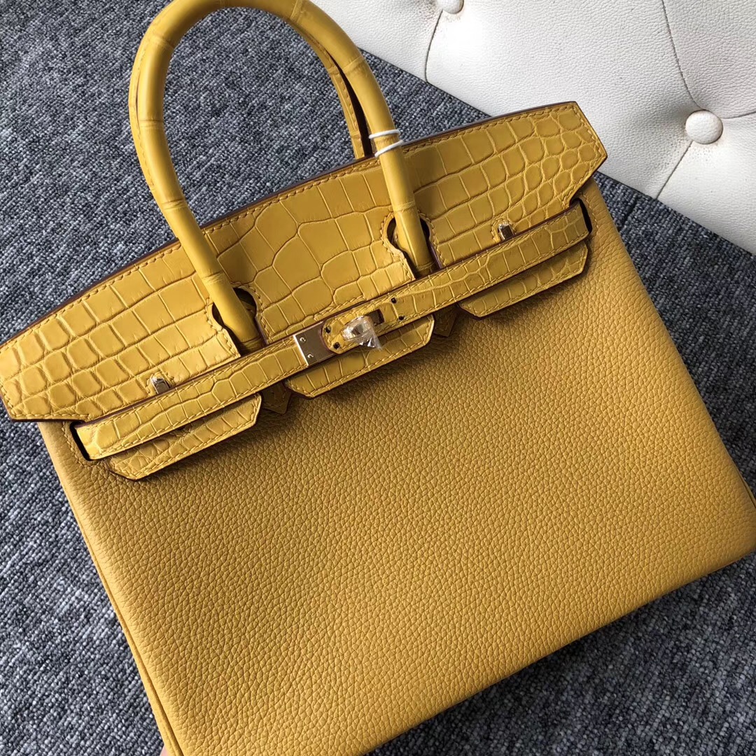 Hermes Birkin 25cm Touch 9D Jaune Amber 琥珀黃 Togo拼霧面美洲鱷